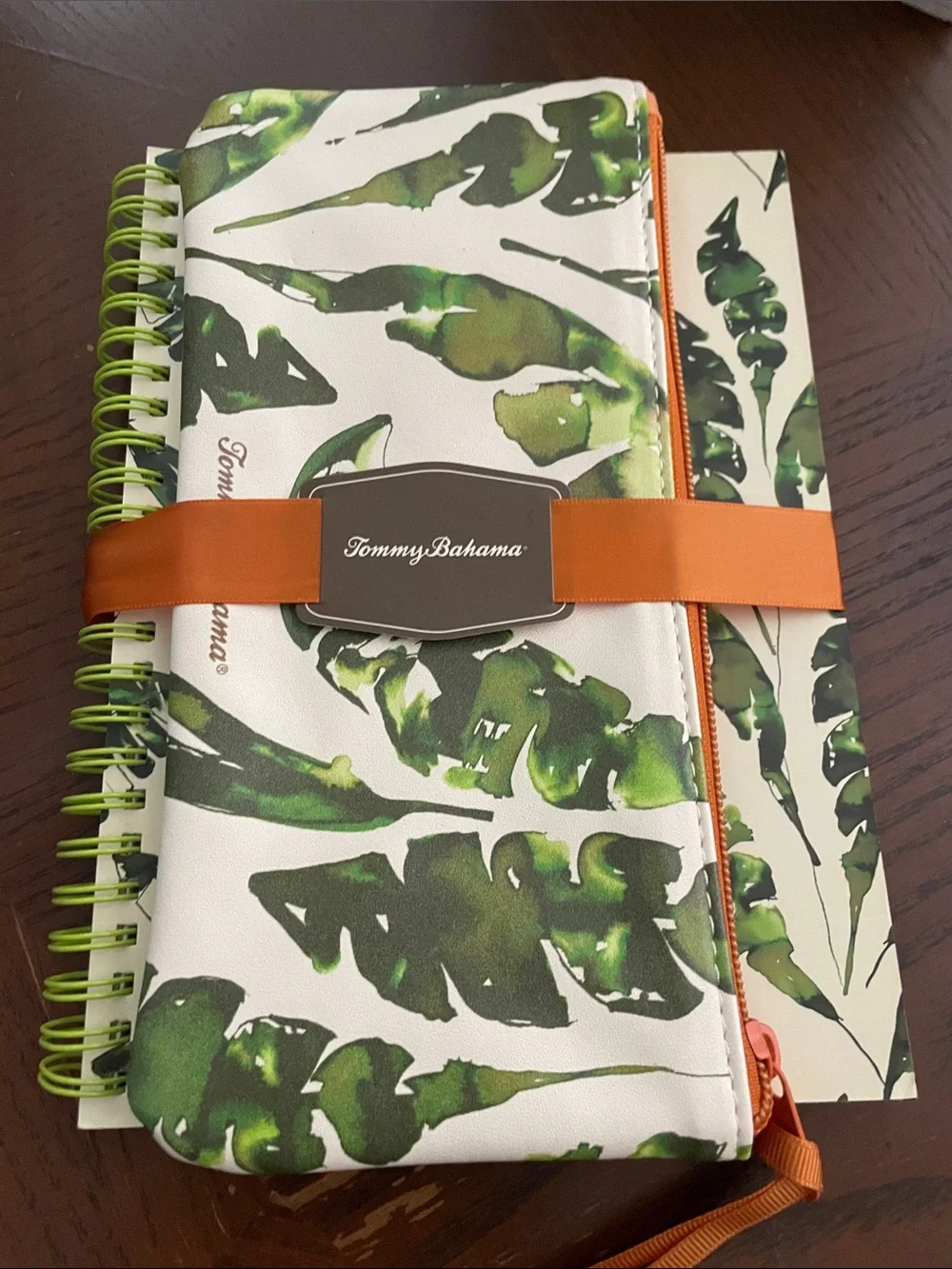 Tommy Bahama Green Leaf Spiral Notebook with Orange Zipper and Lime Coil